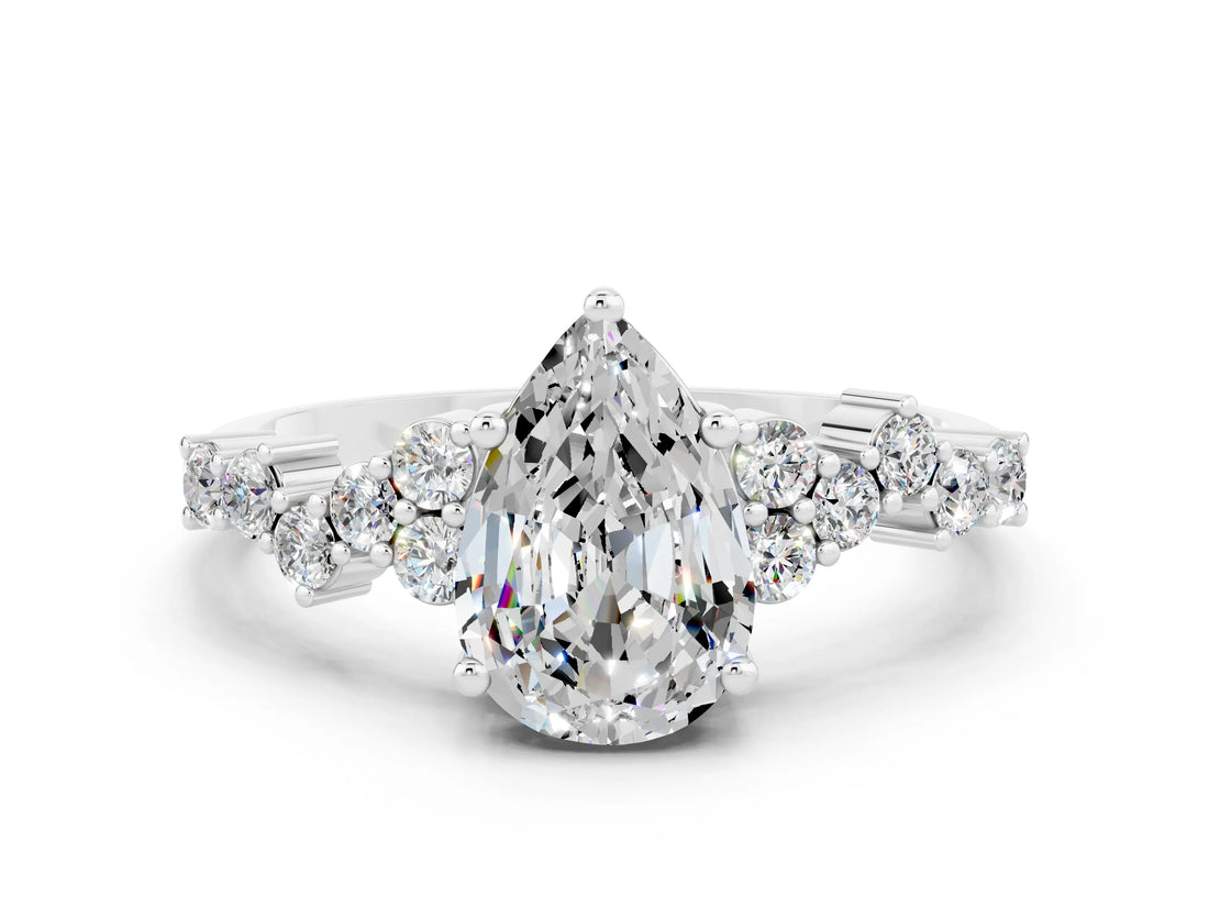 Silver Pear Cut Moissanite Scattered Round Accent Ring with Prong Setting_84