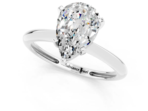 Silver Pear Cut Moissanite Solitaire Engagement Ring with Classic Band and Four-Prong Setting
