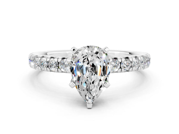 Silver Pear Cut Moissanite Solitaire Pavé Engagement Ring with Round Band and Prong Setting