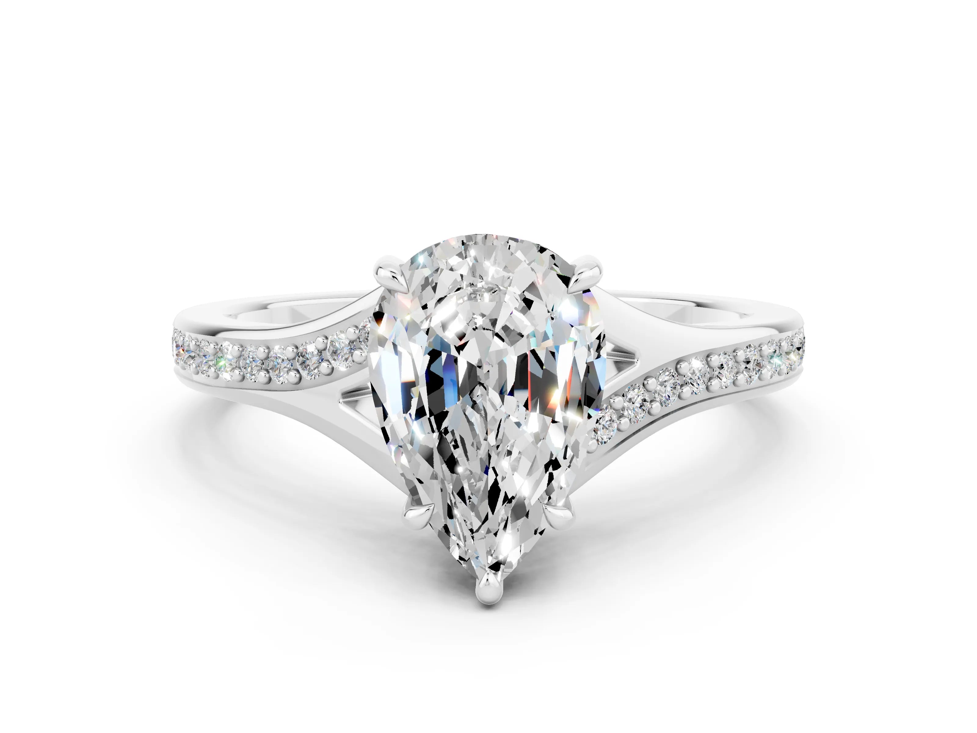 Silver Pear Cut Moissanite Solitaire Ring with Pavé Band and Prong Setting_12