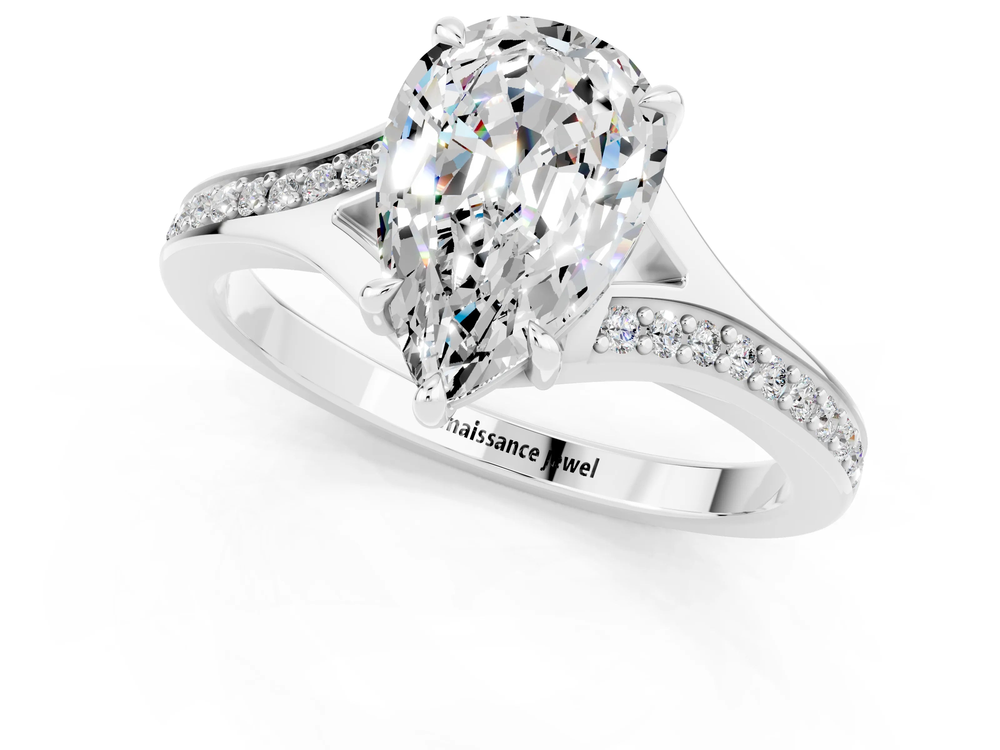 Silver Pear Cut Moissanite Solitaire Ring with Pavé Band and Prong Setting_13