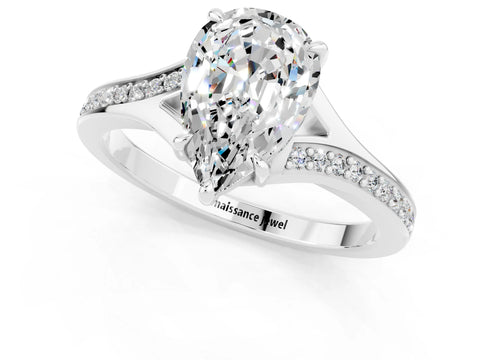 Silver Pear Cut Moissanite Solitaire Ring with Pavé Band and Prong Setting_13