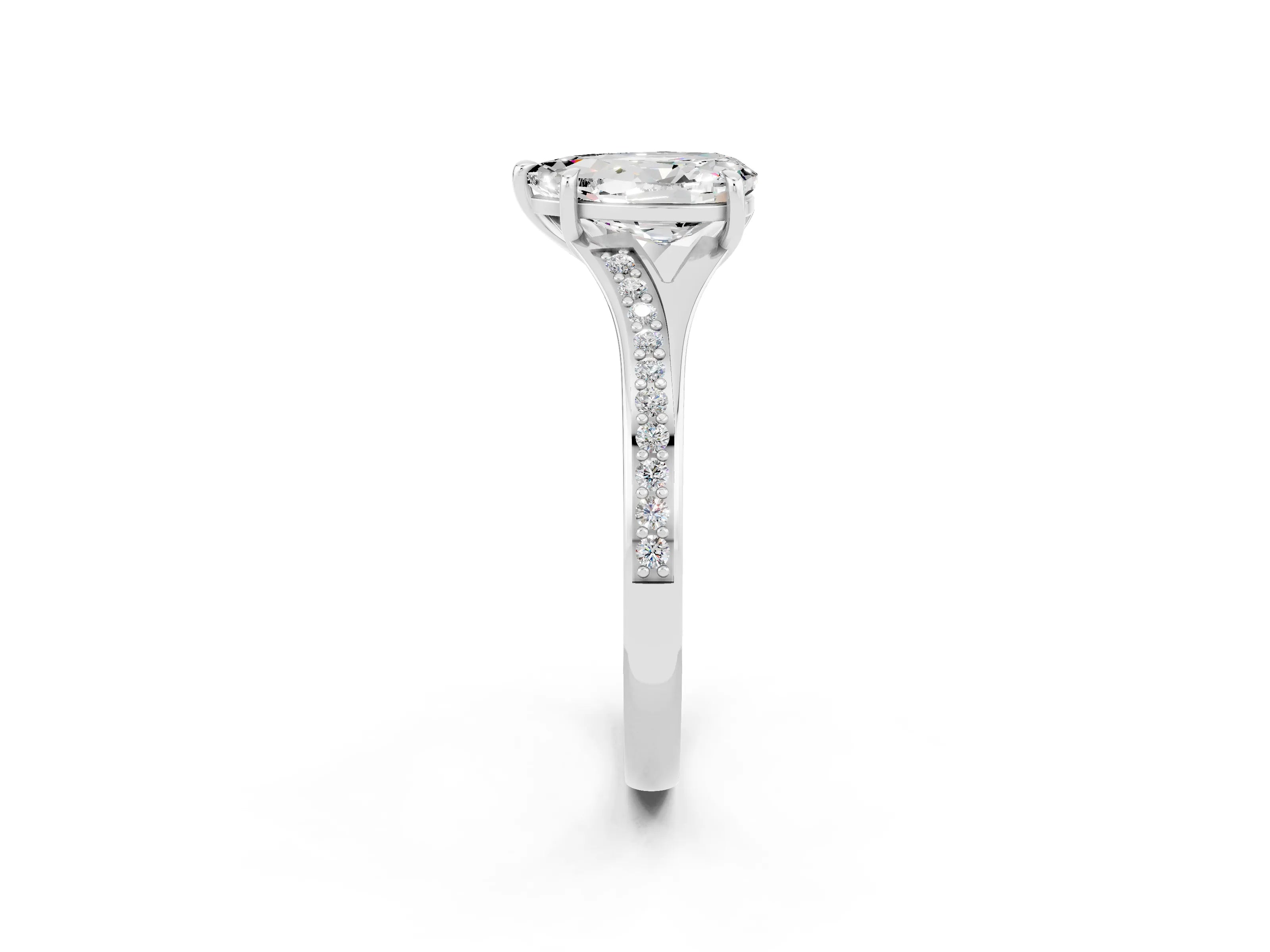 Silver Pear Cut Moissanite Solitaire Ring with Pavé Band and Prong Setting_14