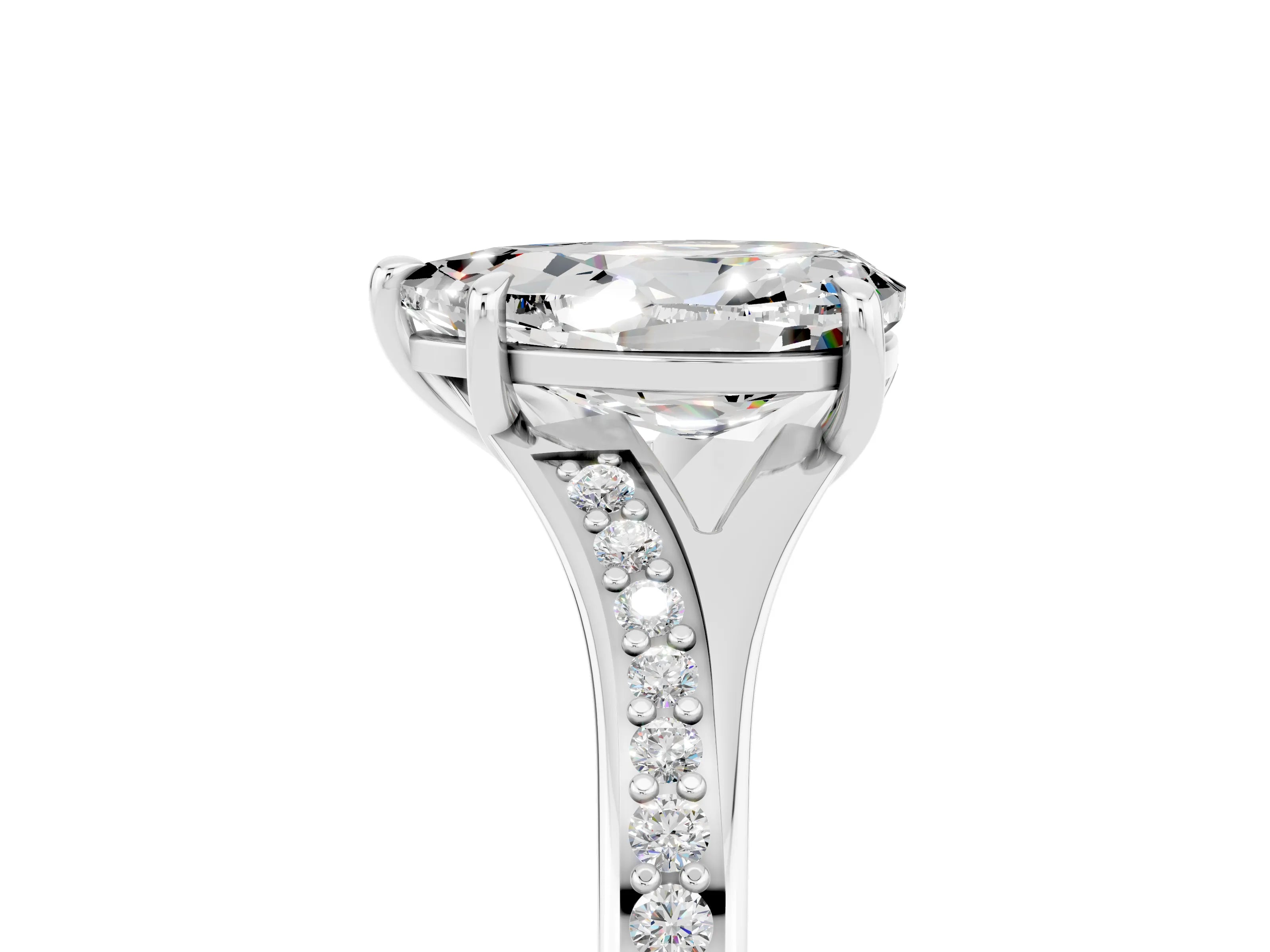 Silver Pear Cut Moissanite Solitaire Ring with Pavé Band and Prong Setting_17