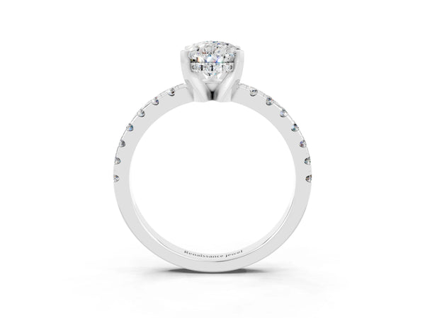 Silver Pear Cut Moissanite Solitaire Ring with Round Pavé Band and Four-Prong Setting