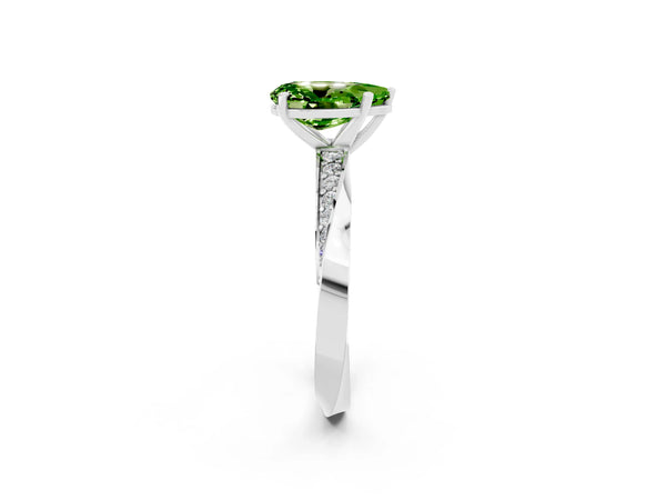 Silver Pear Cut Peridot Engagement Ring with Side Stone Accents and Four-Prong Setting