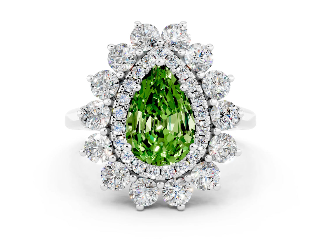 Silver Pear Cut Peridot Floral Double Halo Engagement Ring with Prong Setting_192