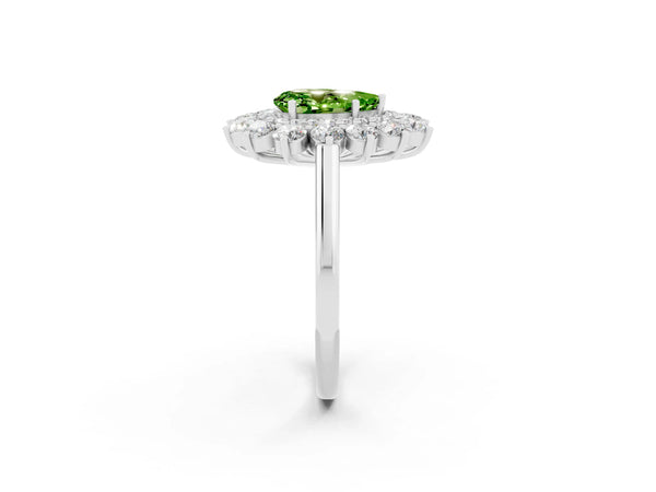 Silver Pear Cut Peridot Floral Double Halo Engagement Ring with Prong Setting