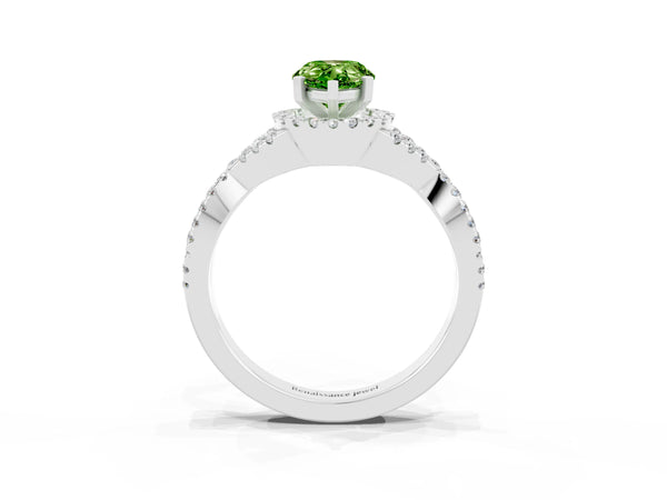 Silver Pear Cut Peridot  Halo Twist Band Solitaire Prong Setting Ring