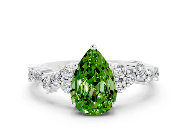 Silver Pear Cut Peridot Scattered Round Accent Ring with Prong Setting