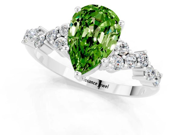 Silver Pear Cut Peridot Scattered Round Accent Ring with Prong Setting