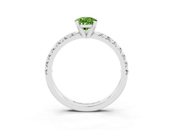 Silver Pear Cut Peridot Solitaire Pavé Engagement Ring with Round Band and Prong Setting