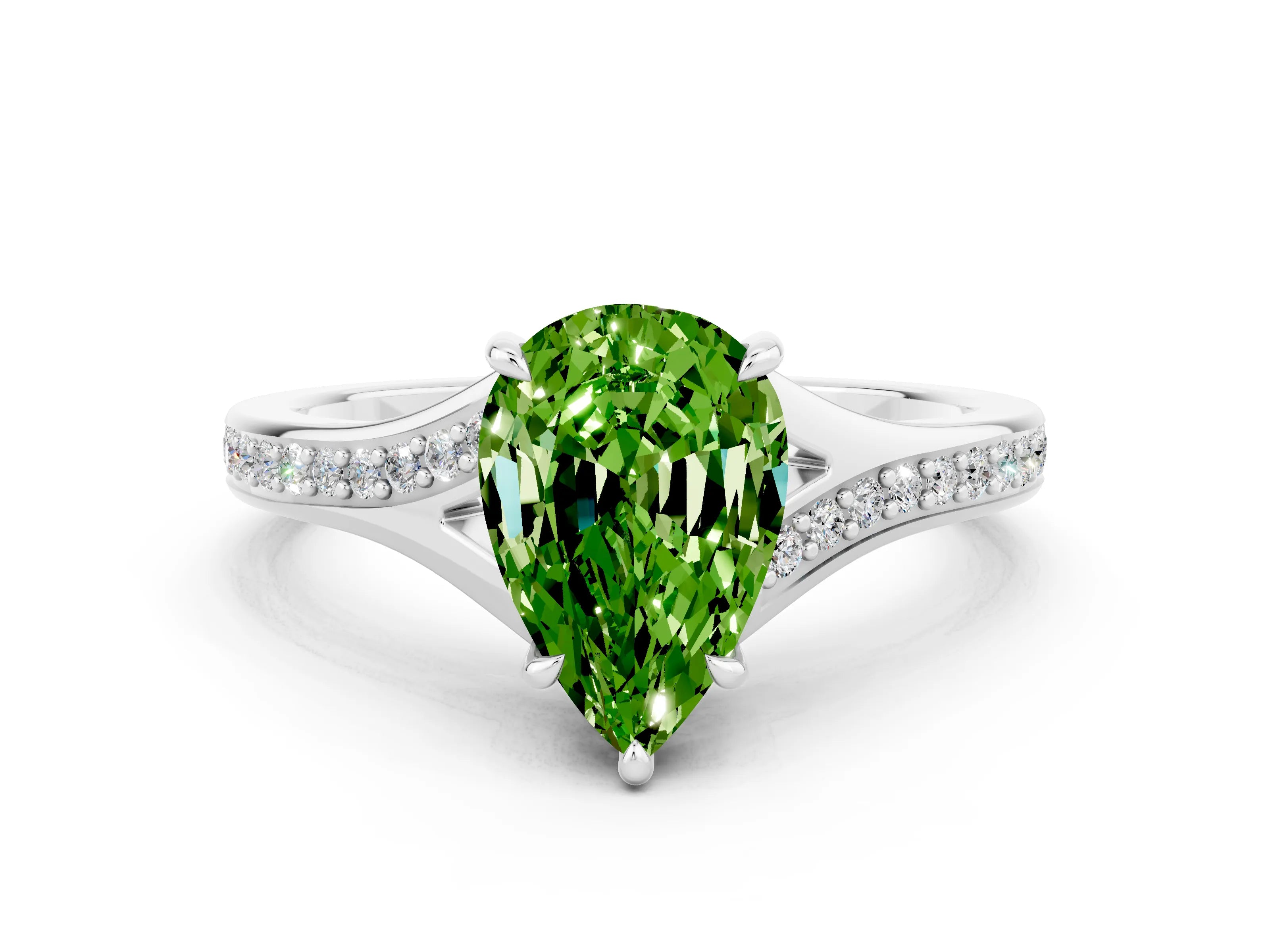 Silver Pear Cut Peridot Solitaire Ring with Pavé Band and Prong Setting_12