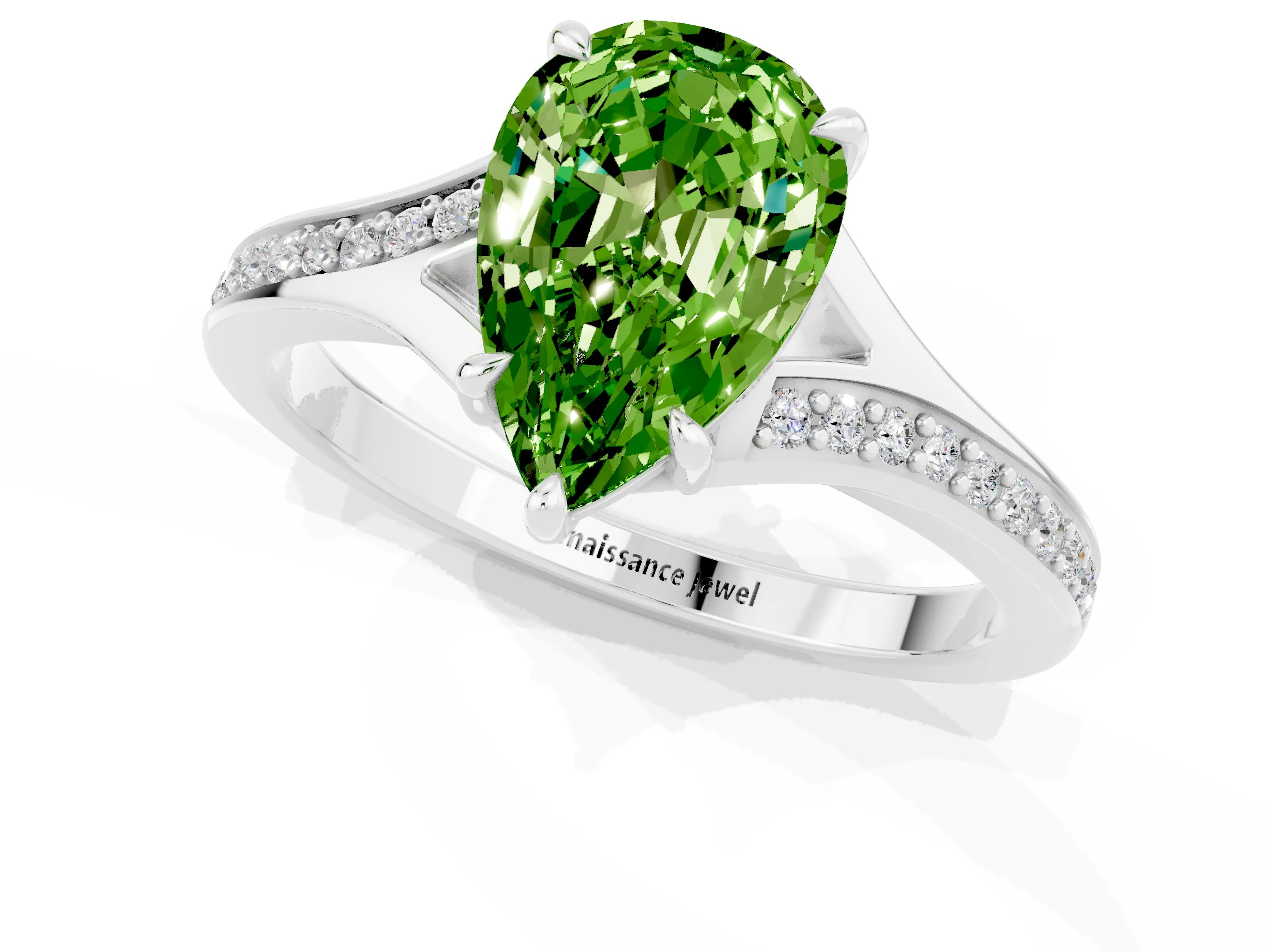 Silver Pear Cut Peridot Solitaire Ring with Pavé Band and Prong Setting_13