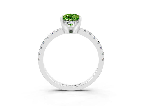 Silver Pear Cut Peridot Solitaire Ring with Round Pavé Band and Four-Prong Setting