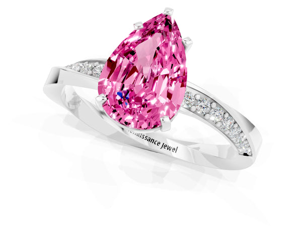 Silver Pear Cut Pink Sapphire Engagement Ring with Side Stone Accents and Four-Prong Setting