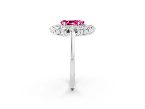 Sterling Silver Pear-Shaped Lab-Grown Pink Sapphire Floral Double Halo Engagement Ring