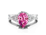 Silver Pear Cut Pink Sapphire  Halo Twist Band Solitaire Prong Setting Ring_12