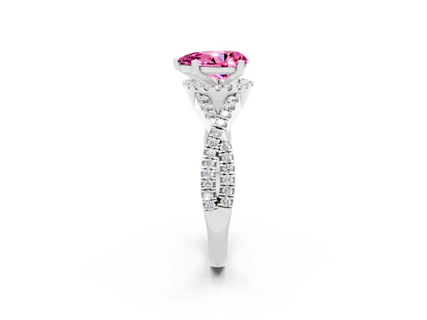 Silver Pear Cut Pink Sapphire  Halo Twist Band Solitaire Prong Setting Ring