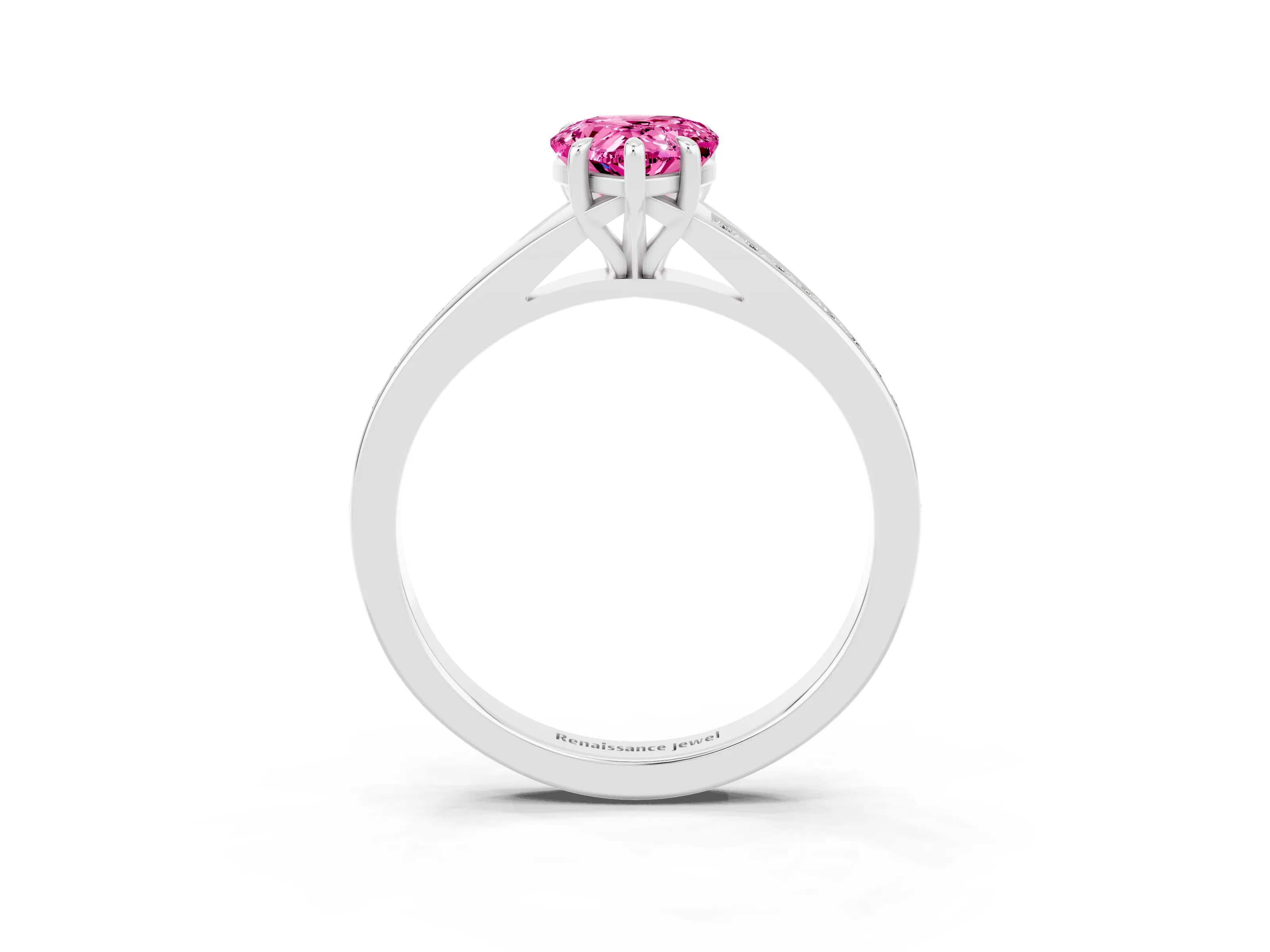 Silver Pear Cut Pink Sapphire Solitaire Ring with Pavé Band and Prong Setting_15
