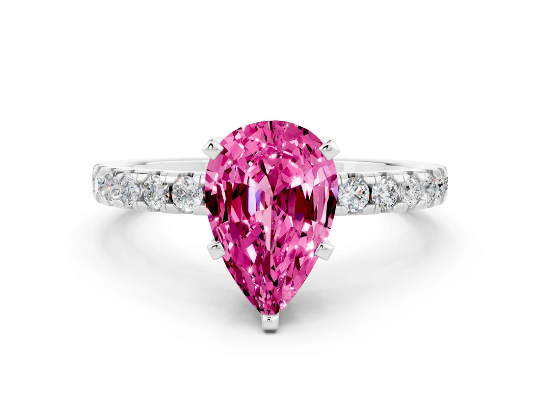 Silver Pear Cut Pink Sapphire Solitaire Ring with Round  Pavé Band and Four-Prong Setting_42
