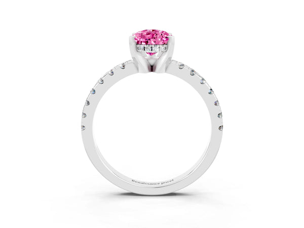Silver Pear Cut Pink Sapphire Solitaire Ring with Round Pavé Band and Four-Prong Setting