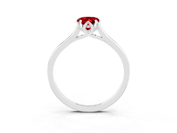 Sterling Silver Pear-Shaped Lab-Grown Ruby Floral Solitaire Engagement Ring with Plain Band