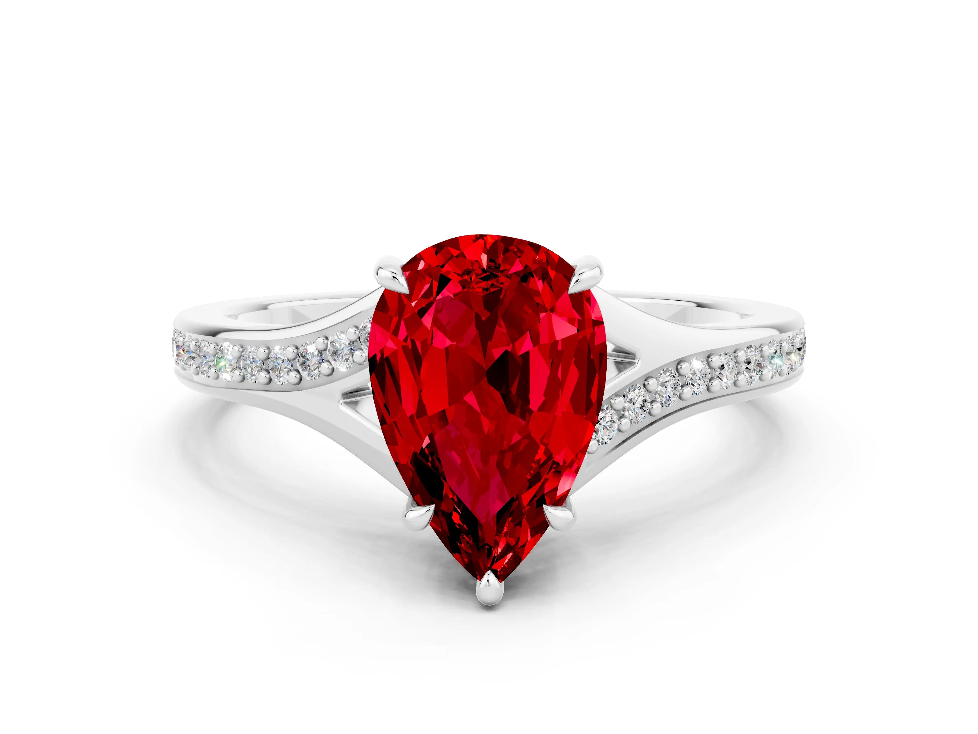 Silver Pear Cut Ruby Solitaire Ring with Pavé Band and Prong Setting_12