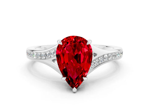 Silver Pear Cut Ruby Solitaire Ring with Pavé Band and Prong Setting_12