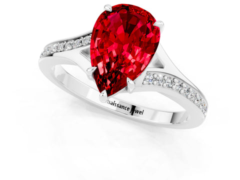 Silver Pear Cut Ruby Solitaire Ring with Pavé Band and Prong Setting_13