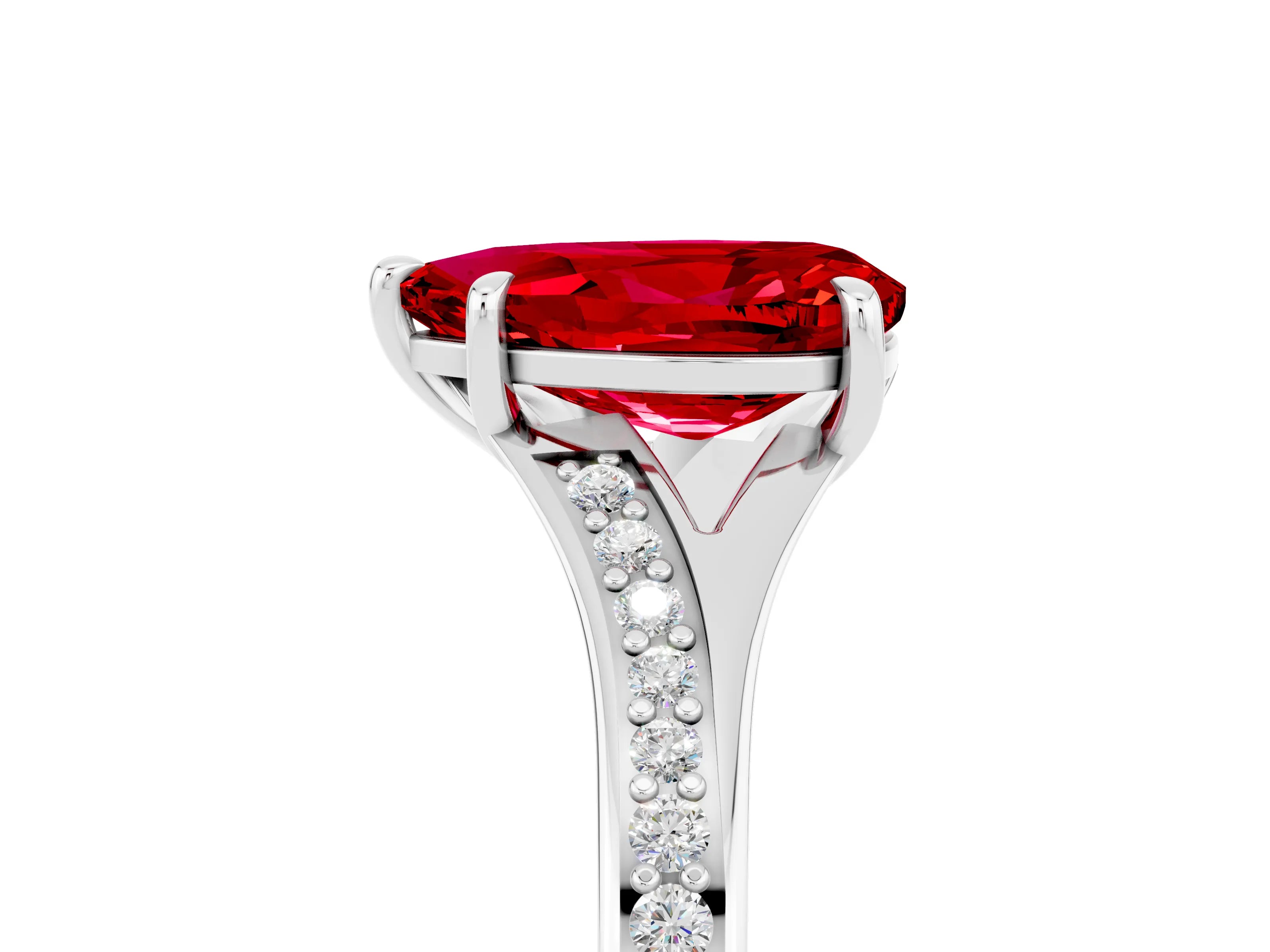 Silver Pear Cut Ruby Solitaire Ring with Pavé Band and Prong Setting_17