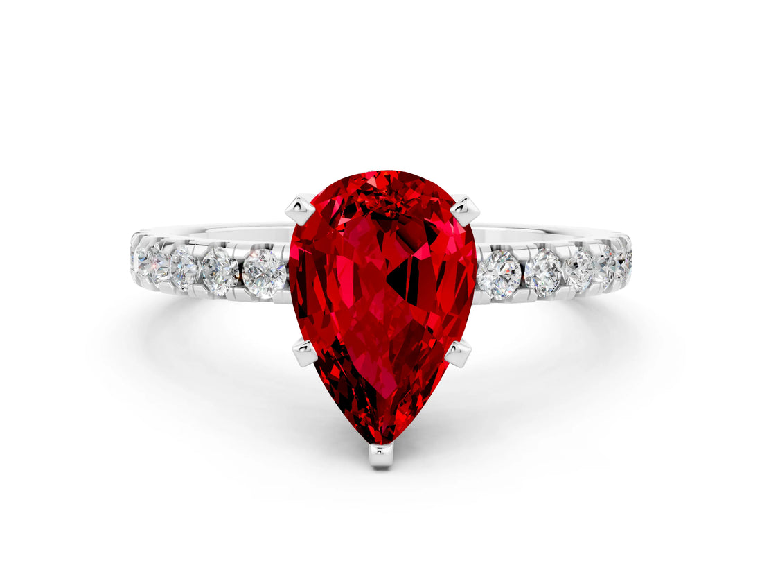 Silver Pear Cut Ruby Solitaire Ring with Round  Pavé Band and Four-Prong Setting_36