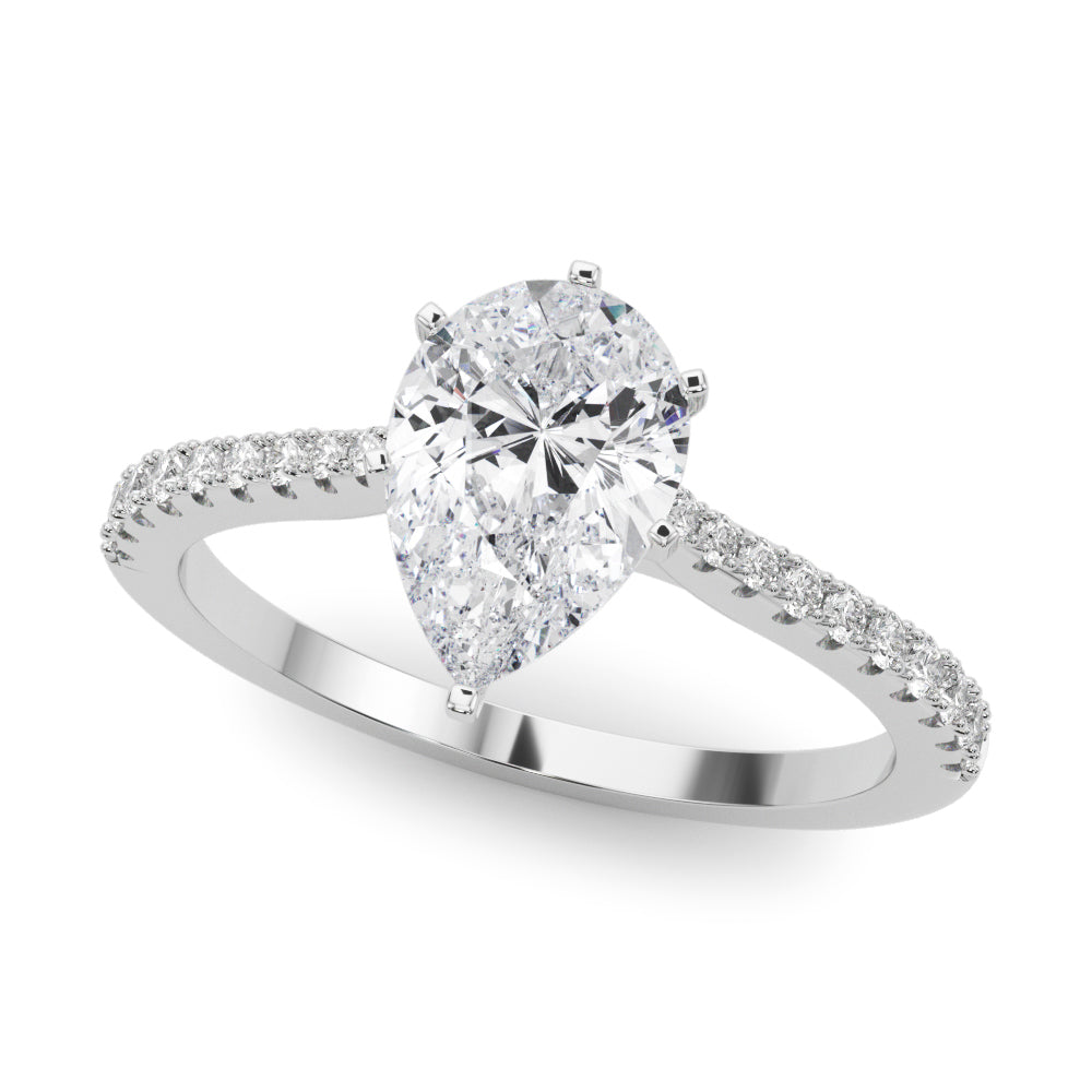 Silver Pear Cut Solitaire Diamond Engagement Ring with Pave Band and Four-Prong Setting 2