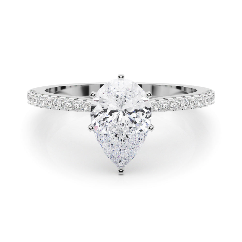 Silver Pear Cut Solitaire Diamond Engagement Ring with Pave Band and Four-Prong Setting