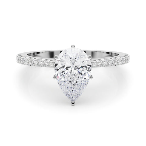 Silver Pear Cut Solitaire Diamond Engagement Ring with Pave Band and Four-Prong Setting