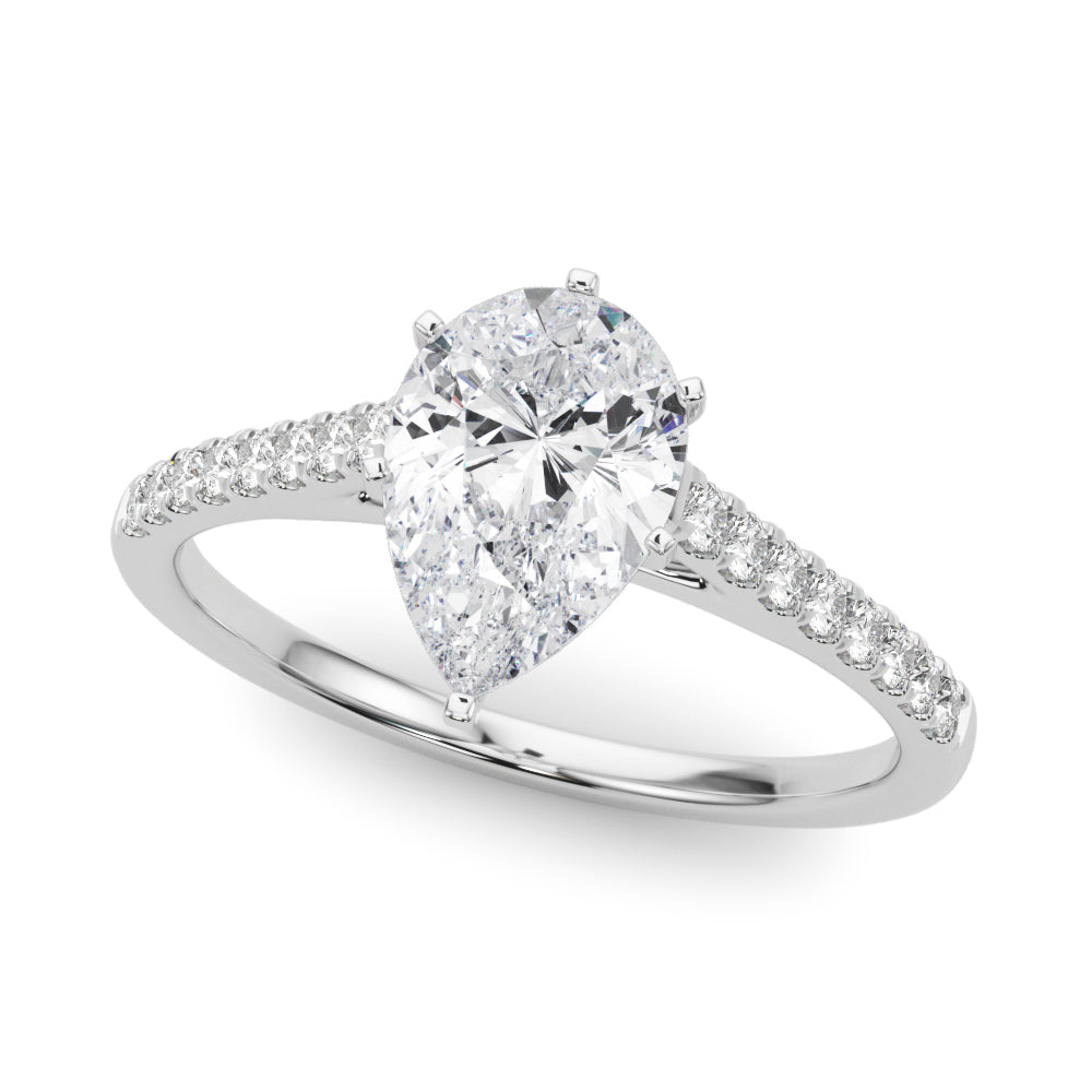 Silver Pear Cut Solitaire Diamond Ring with Pave Band and Four-Prong Setting 2