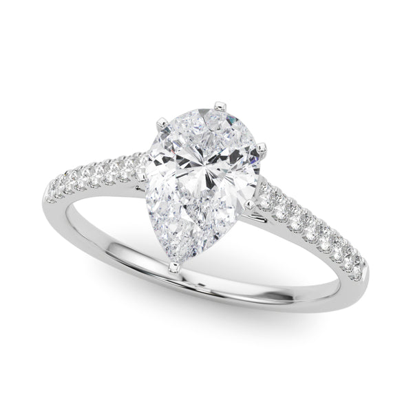 White gold Pear Cut Solitaire Diamond Ring with Pave Band and Four-Prong Setting