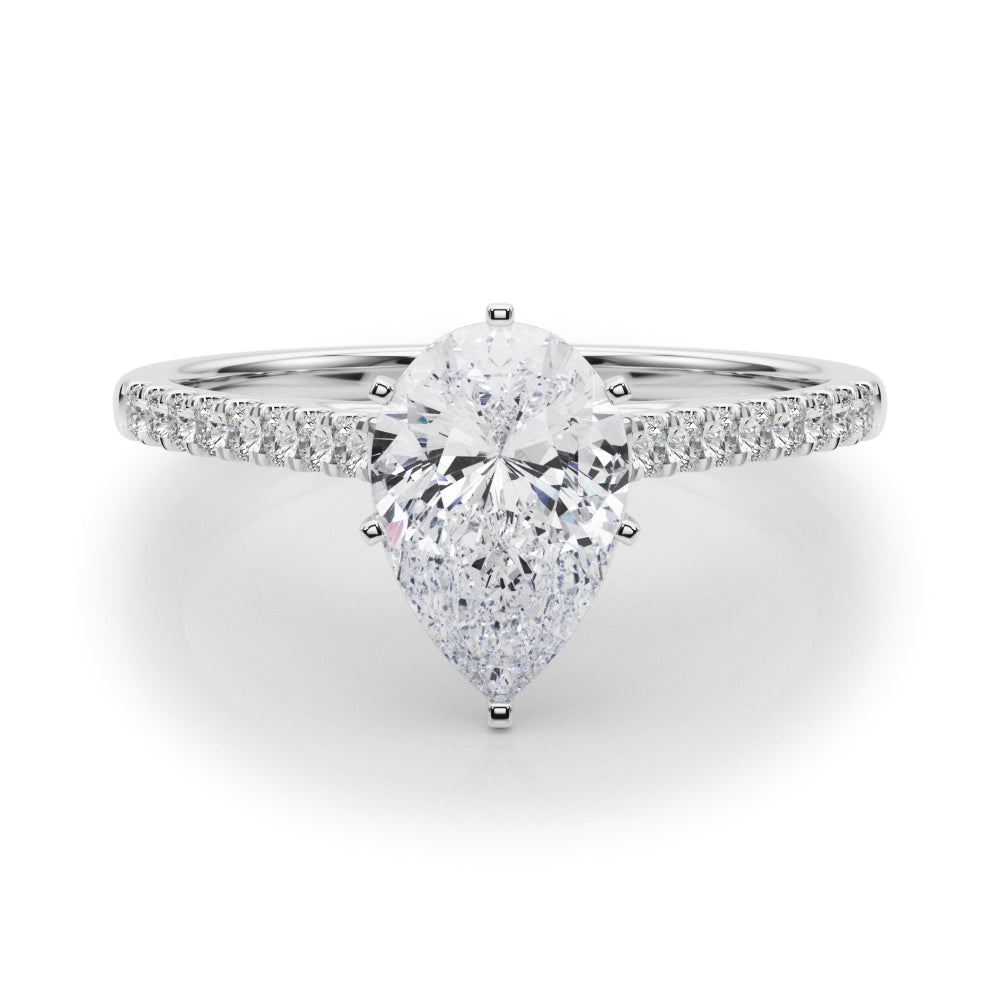 Silver Pear Cut Solitaire Diamond Ring with Pave Band and Four-Prong Setting