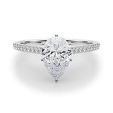 Silver Pear Cut Solitaire Diamond Ring with Pave Band and Four-Prong Setting