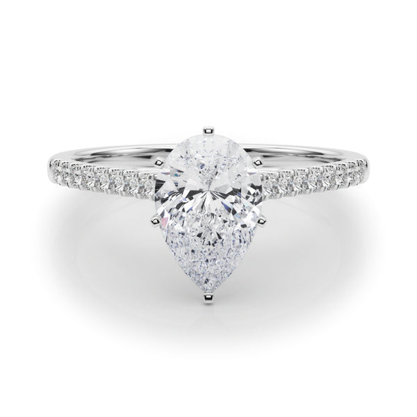 White gold Pear Cut Solitaire Diamond Ring with Pave Band and Four-Prong Setting