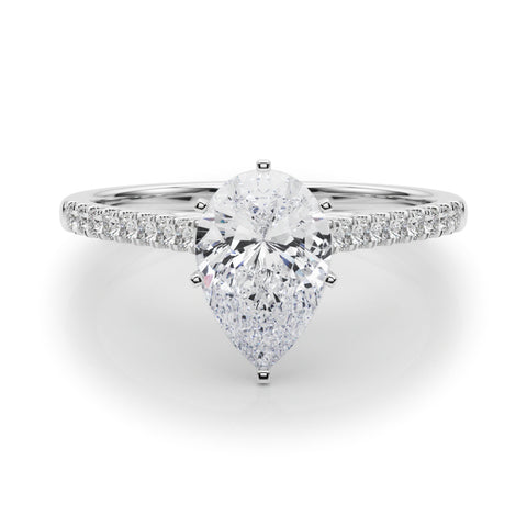 Silver Pear Cut Solitaire Diamond Ring with Pave Band and Four-Prong Setting