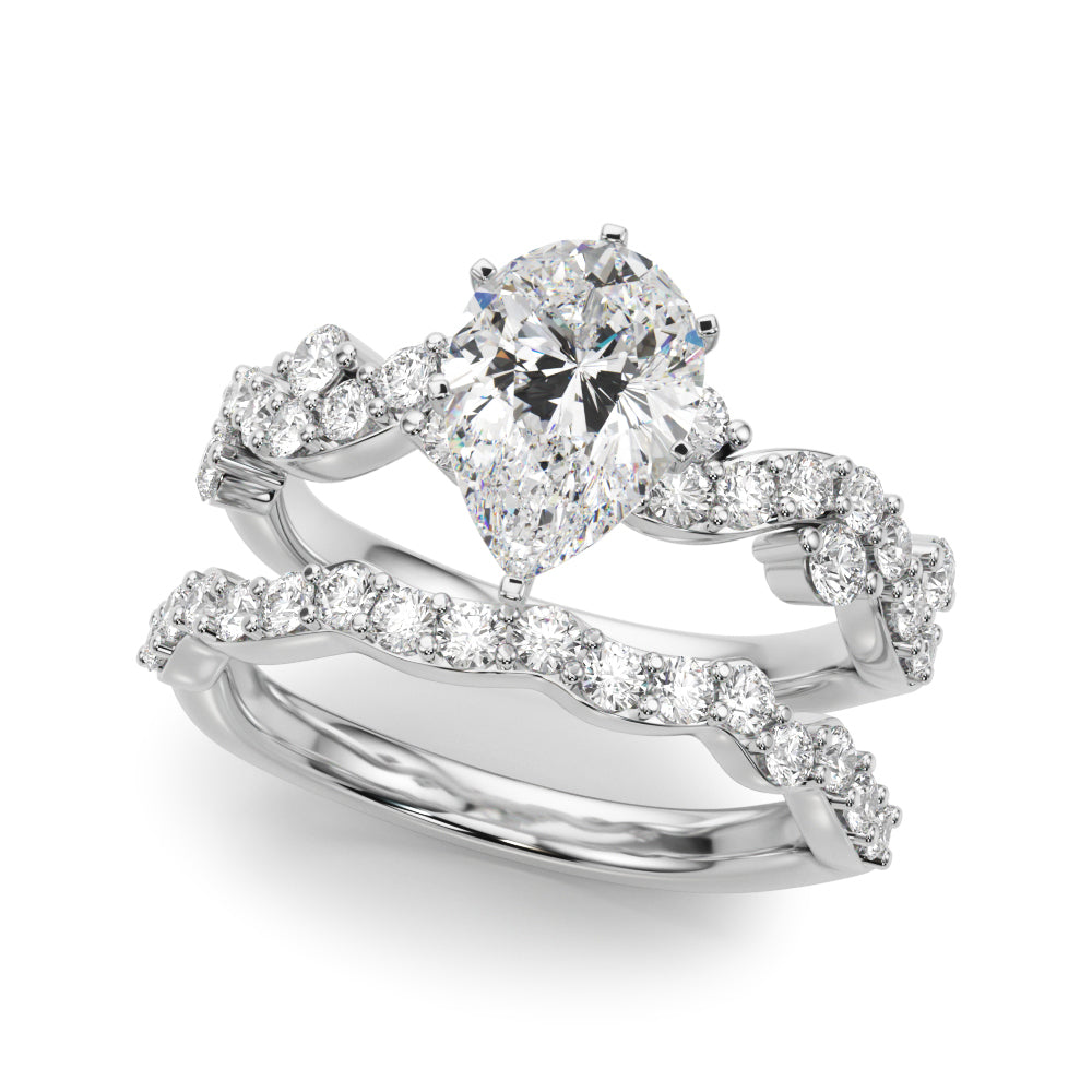 Silver Pear Cut Solitaire Diamond Twisted Band with Pave Setting
