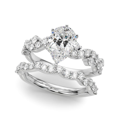 Silver Pear Cut Solitaire Diamond Twisted Band with Pave Setting