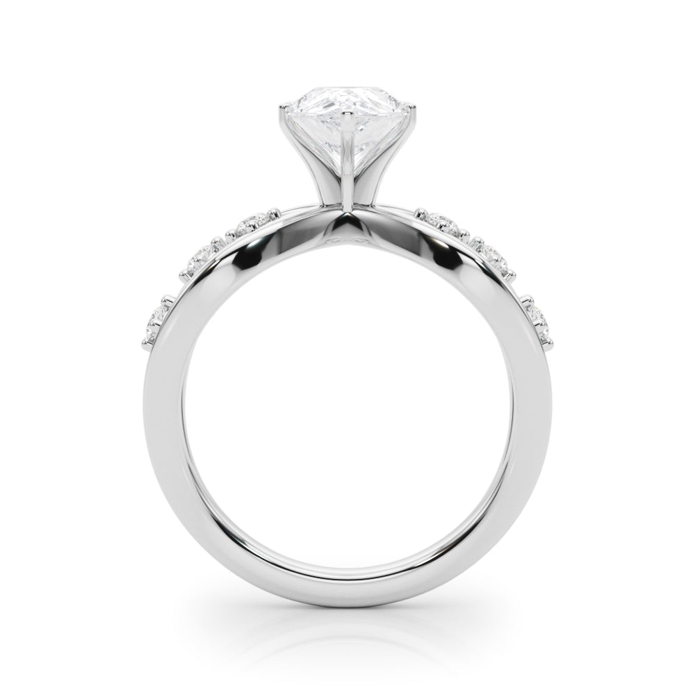 Silver Pear Cut Solitaire Diamond with Side Stones on Criss-Cross Band and Four-Prong Setting 1
