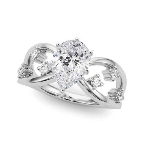Silver Pear Cut Solitaire Diamond with Side Stones on Criss-Cross Band and Four-Prong Setting 2