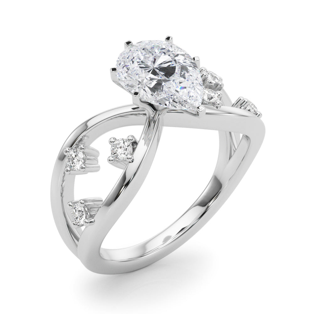 Silver Pear Cut Solitaire Diamond with Side Stones on Criss-Cross Band and Four-Prong Setting