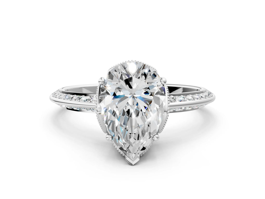 Silver Pear Cut Solitaire Split Shank Pave Diamond Engagement Ring with Four-Prong Setting_43