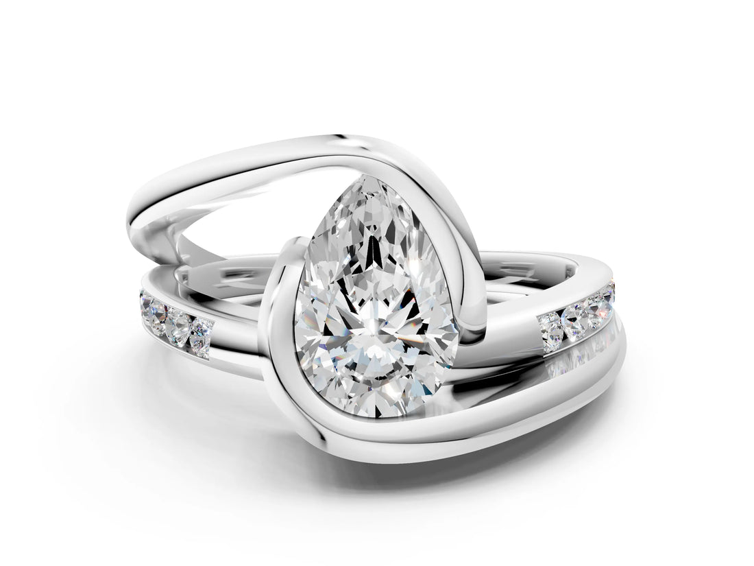 Silver Pear Cut Solitaire Tension-Set Diamond Split Shank Ring_25