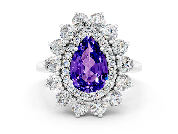 Silver Pear Cut Tanzanite Floral Double Halo Engagement Ring with Prong Setting