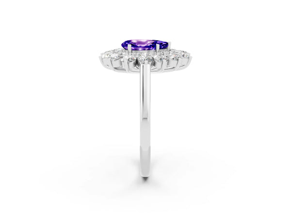 Silver Pear Cut Tanzanite Floral Double Halo Engagement Ring with Prong Setting